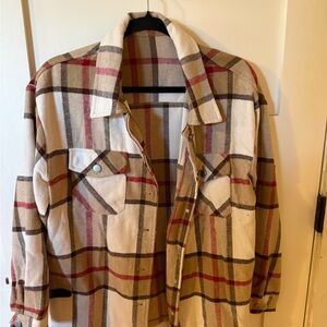Beige Plaid Button-Up Shirt Jacket with Red Stripes